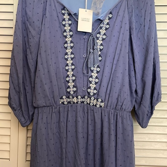Lucky Brand Embroidered Boho Dress NWT XL Swiss Dot Blue with Tassels - Picture 9 of 11